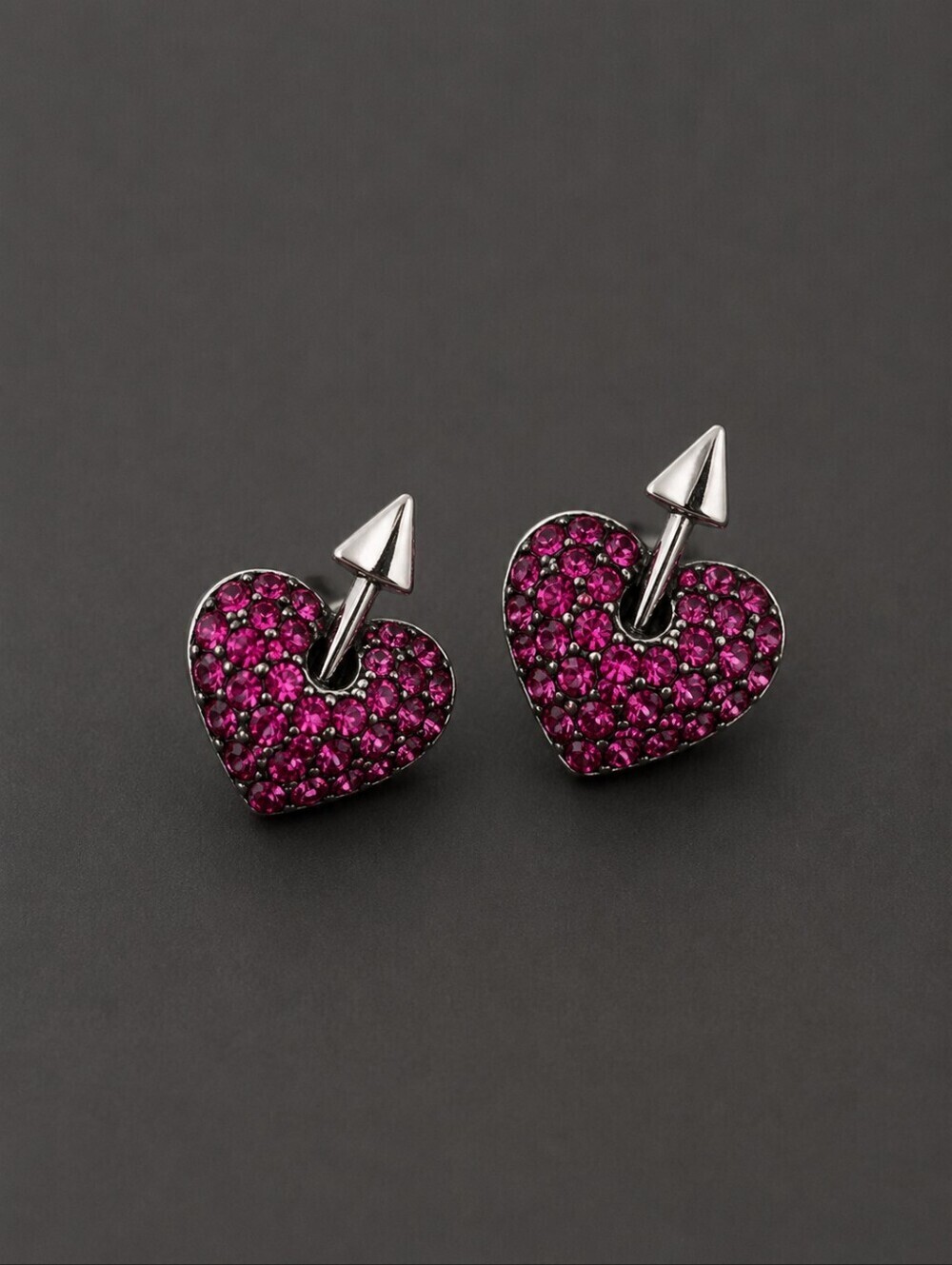 BETSEY JOHNSON Fuscia Paved Crystal Heart Arrow Stud Earrings
